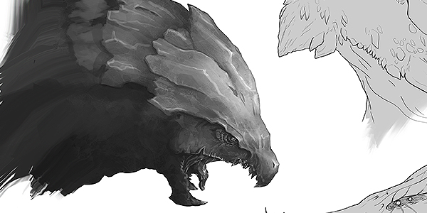 Creature concepts showing explorations for three different dragon heads.