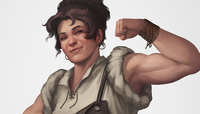 NPC character concept of a Farrier, a local blacksmith shoeing horses in town.
