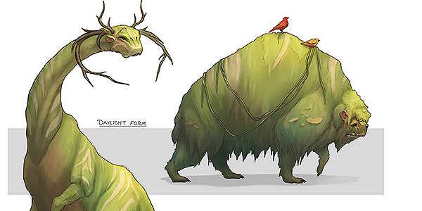 Creature concepts of forest creatures, which are covered in bioluminiscent algae.