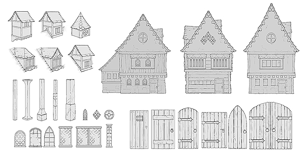 Building and themeing concepts to differentiate guild buildings from regular ones. Shown are house building blocks.
