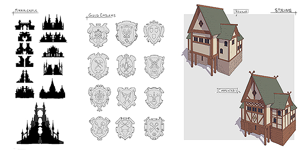 Building and themeing concepts to differentiate guild buildings from regular ones. Shown are guild emblems and how their affiliation dictates style.