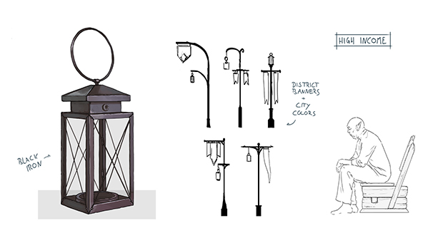 Wide range of concepts for city props, like pavements, benches and lampposts, to populate New Avalon.