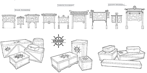 Wide range of concepts for city props, like notice boards and shipping crates, to populate New Avalon.