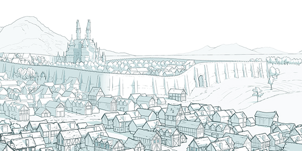 Concept drawing of the New Avalon cityscape, situated on a white cliff next to the ocean. The Mirror Castle can be seen inside the big walls.