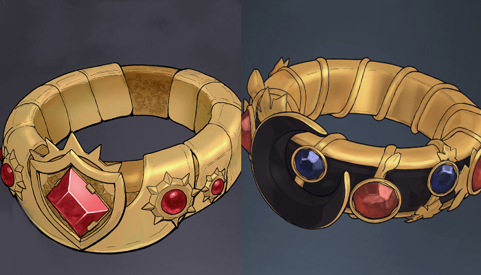 A set of prop concepts for royal rings, including signet and signature rings for the twin queens.