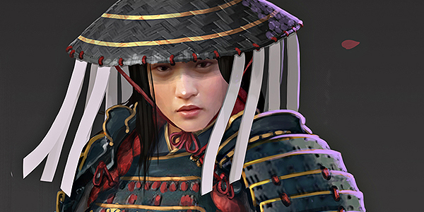 Character concept of a female samurai with armor progression, as well as her elemental Katanas.